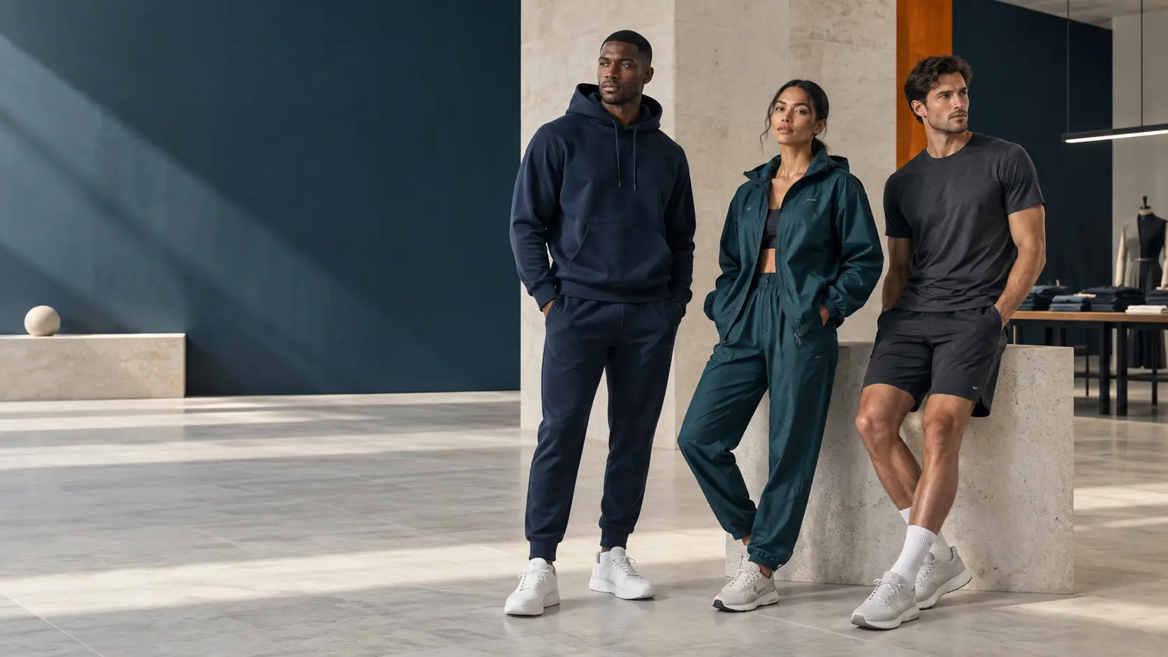 Premium hoodie, windbreaker, T-shirt, joggers, and shorts collection in a high-end studio